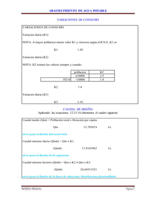 ABASTECIMIENTO DE AGUA POTABLE
INGENIERÍA HIDRÁULICA Página21
VARIACIONES DE CONSUMO
VARIACIONES DE CONSUMO
Variacion diaria (K1)
NOTA: A mayor poblacion menor valor K1 y visiversa según el R.N.E ,K1 es
K1 1.30
Variacion diaria (K2)
NOTA: K2 tomara los valores siempre y cuando:
poblacion K2
≤10000 2.5
18218 >10000 1.8
K2 1.8
Variacion diaria (K3)
K3 3.10
CAUDAL DE DISEÑO
Aplicando las ecuaciones 12.13.14 obtenemos el cuadro siguiente
Caudal medio (Qm) = Población total x Dotación per cápita.
Qm 13.705074 l/s
sirve para el diseño del reservorio
Caudal máximo diario (Qmd) = Qm x K1.
(Qmd) 17.8165962 l/s
sirve para el diseño de la captacion
Caudal máximo horario (Qmh) = Qm x K2 ó Qm x K3.
(Qmh) 24.66913321 l/s
sirve para el diseño de la linea de aduccion, distribucion,alcantarillado
 