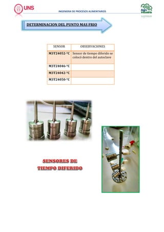 INGENIERA DE PROCESOS ALIMENTARIOS
SENSOR OBSERVACIONES
M3T24052-°C Sensor de tiempo diferido se
colocó dentro del autoclave
M3T24046-°C
M3T24042-°C
M3T24050-°C
DETERMINACION DEL PUNTO MAS FRIO
 