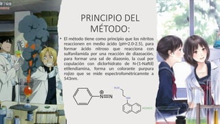 PRINCIPIO DEL
MÉTODO:
• El método tiene como principio que los nitritos
reaccionen en medio ácido (pH=2.0-2.5), para
formar ácido nitroso que reacciona con
sulfanilamida por una reacción de diazoación,
para formar una sal de diazonio, la cual por
copulación con diclorhidrato de N-(1-Naftil)
etilendiamina, forma un colorante purpura
rojizo que se mide espectrofométricamnte a
543nm.
6
 