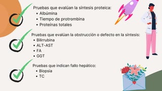 Pruebas que evalúan la obstrucción o defecto en la síntesis:
Bilirrubina
ALT-AST
FA
GGT
Pruebas que evalúan la síntesis proteica:
Albúmina
Tiempo de protrombina
Proteínas totales
Pruebas que indican fallo hepático:
Biopsia
TC
 