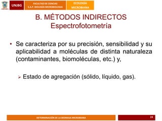 UNJBG
FACULTAD DE CIENCIAS
E.A.P. BIOLOGÍA MICROBIOLOGIA
ECOLOGÍA
MICROBIANA
DETERMINACIÓN DE LA BIOMASA MICROBIANA
• Se caracteriza por su precisión, sensibilidad y su
aplicabilidad a moléculas de distinta naturaleza
(contaminantes, biomoléculas, etc.) y,
 Estado de agregación (sólido, líquido, gas).
B. MÉTODOS INDIRECTOS
Espectrofotometría
19
 