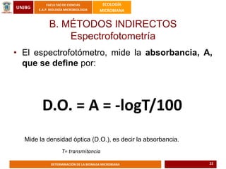 UNJBG
FACULTAD DE CIENCIAS
E.A.P. BIOLOGÍA MICROBIOLOGIA
ECOLOGÍA
MICROBIANA
DETERMINACIÓN DE LA BIOMASA MICROBIANA
• El espectrofotómetro, mide la absorbancia, A,
que se define por:
T= transmitancia
D.O. = A = -logT/100
Mide la densidad óptica (D.O.), es decir la absorbancia.
B. MÉTODOS INDIRECTOS
Espectrofotometría
22
 