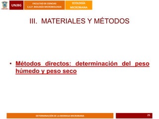 UNJBG
FACULTAD DE CIENCIAS
E.A.P. BIOLOGÍA MICROBIOLOGIA
ECOLOGÍA
MICROBIANA
DETERMINACIÓN DE LA BIOMASA MICROBIANA
III. MATERIALES Y MÉTODOS
• Métodos directos: determinación del peso
húmedo y peso seco
25
 