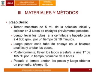 UNJBG
FACULTAD DE CIENCIAS
E.A.P. BIOLOGÍA MICROBIOLOGIA
ECOLOGÍA
MICROBIANA
DETERMINACIÓN DE LA BIOMASA MICROBIANA
III. MATERIALES Y MÉTODOS
• Peso Seco:
 Tomar muestras de 5 mL de la solución inicial y
colocar en 3 tubos de ensayos previamente pesados.
 Luego llevar los tubos a la centrifuga y hacerlo girar
a 4 000 rpm, por un tiempo de 10 minutos.
 Luego pesar cada tubo de ensayo en la balanza
analítica y anotar los pesos.
 Posteriormente, llevar los tubos a estufa, a una Tº de
105 ºC por un tiempo promedio de 3 horas.
 Pasado el tiempo anotar, los pesos y luego obtener
un promedio. (Anexo 1).
26
 