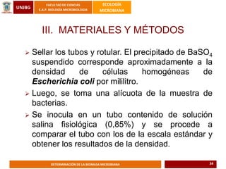 UNJBG
FACULTAD DE CIENCIAS
E.A.P. BIOLOGÍA MICROBIOLOGIA
ECOLOGÍA
MICROBIANA
DETERMINACIÓN DE LA BIOMASA MICROBIANA
III. MATERIALES Y MÉTODOS
 Sellar los tubos y rotular. El precipitado de BaSO4
suspendido corresponde aproximadamente a la
densidad de células homogéneas de
Escherichia coli por mililitro.
 Luego, se toma una alícuota de la muestra de
bacterias.
 Se inocula en un tubo contenido de solución
salina fisiológica (0,85%) y se procede a
comparar el tubo con los de la escala estándar y
obtener los resultados de la densidad.
34
 