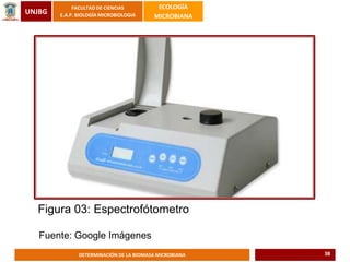 UNJBG
FACULTAD DE CIENCIAS
E.A.P. BIOLOGÍA MICROBIOLOGIA
ECOLOGÍA
MICROBIANA
DETERMINACIÓN DE LA BIOMASA MICROBIANA
Figura 03: Espectrofótometro
Fuente: Google Imágenes
38
 