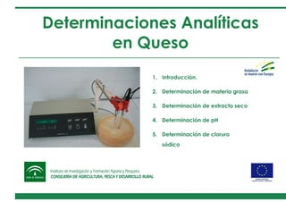 Determinaciones Analíticas
en Queso
1. Introducción.
2. Determinación de materia grasa
3. Determinación de extracto seco
4. Determinación de pH
5. Determinación de cloruro
sódico
 