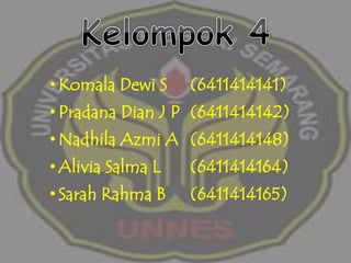 •Komala Dewi S (6411414141)
•Pradana Dian J P (6411414142)
•Nadhila Azmi A (6411414148)
•Alivia Salma L (6411414164)
•Sarah Rahma B (6411414165)
 