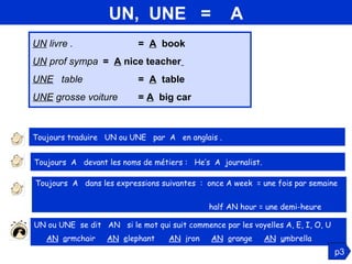 UN ou UNE  se dit   AN  si le mot qui suit commence par les voyelles A, E, I, O, U UN,  UNE  =  A UN  livre . =  A   book  UN  prof sympa =  A  nice teacher   UNE   table  =  A   table UNE  grosse voiture =  A   big car Toujours  A   devant les noms de métiers :  He’s  A  journalist. AN   a rmchair  AN   e lephant  AN   i ron  AN   o range  AN   u mbrella Toujours traduire  UN ou UNE  par  A  en anglais . Toujours  A   dans les expressions suivantes  :  once A week  = une fois par semaine    half AN hour = une demi-heure p3 