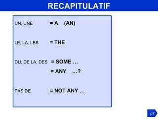 RECAPITULATIF UN, UNE   = A  (AN) LE, LA, LES   = THE DU, DE LA, DES  = SOME …   = ANY  …? PAS DE   = NOT ANY … p7 