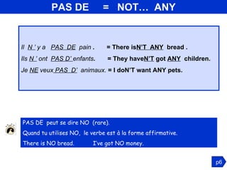 PAS DE  =  NOT…  ANY Il  N ’  y a  PAS  DE   pain  .  = There is N’T  ANY   bread . Ils  N ’   ont  PAS D’  enfants .  = T...