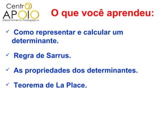 O que você aprendeu:
   Como representar e calcular um
    determinante.
   Regra de Sarrus.
   As propriedades dos determinantes.
   Teorema de La Place.
 