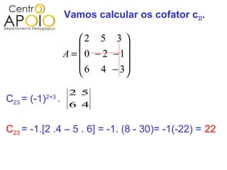 Vamos calcular os cofator c23.

                           2 5 3 
                                    
                       A =  0 − 2 −1
                            6 4 − 3
                                    
                        2 5
C23 = (-1)   2+3
                   .
                        6 4


C23 = -1.[2 .4 – 5 . 6] = -1. (8 - 30)= -1(-22) = 22
 