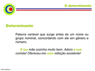 Determinante Palavra variável que surge antes de um nome ou grupo nominal, concordando com ele em género e número. A tua  mãe cozinha muito bem. Adoro  a sua  comida! Ofereceu-me  uma  refeição excelente! O determinante Porto Editora 