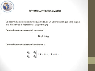 DETERMINANTE DE UNA MATRIZ



La determinante de una matriz cuadrada, es un valor escalar que se le asigna
a la matriz y se lo representa: |A| o det (A)

Determinante de una matriz de orden 1:

                                |a 11| = a 11


Determinante de una matriz de orden 2:
 