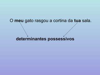 O meu gato rasgou a cortina da tua sala.



   determinantes possessivos
 