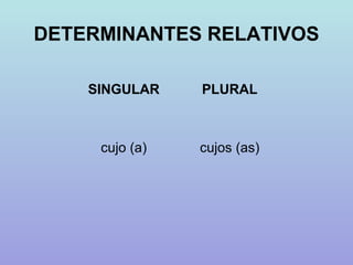 DETERMINANTES RELATIVOS

    SINGULAR    PLURAL



     cujo (a)   cujos (as)
 