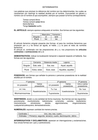 DETERMINANTES

Las palabras que precisan la referencia del nombre son los determinantes, los cuales se
caracterizan por restringir la realidad aludida por el nombre. Concuerdan en género y
número con el nombre al que acompañan, siempre que posean la forma correspondiente.

          Teresa compró libros
          Teresa compró unos libros
          Dame la llave
          Tengo bastante sueño

EL ARTÍCULO: siempre aparece antepuesto al nombre. Sus formas son las siguientes:

                                      Masculino    Femenino
                         Singular        el          la/el
                          Plural        los           las

El artículo femenino singular presenta dos formas: el para los nombres femeninos que
empiezan por a y ha tónica (el águila, el habla…) y la para el resto de nombres
femeninos.
El artículo el, combinado con las preposiciones de y a, nos proporciona los artículos
contractos o contracciones del y al.

DEMOSTRATIVOS: indican la localización temporal o espacial respecto al hablante. Sus
formas son las siguientes:

                         Cercanía       Distancia media           Lejanía
           Singular      Este, esta         Ese, esa          Aquel, aquella

            Plural      Estos, estas       Esos, esas        Aquellos, aquellas


POSESIVOS: son formas que señalan la persona o personas poseedoras de la realidad
aludida por el nombre.

                 1ª persona                           2ª persona                   3ª persona
                                Varios                          Varios            Uno o varios
   Un poseedor                               Un poseedor
                              poseedores                     poseedores           poseedores
      mi / mis                                    Tu / tus                          Su / sus
                         Nuestro/a/os/as                        Vuestro/a/os/as
Mío/mía/míos/mías                            Tuyo/a/os/as                         Suyo/a/os/as


INDEFINIDOS: aluden a una cantidad de forma imprecisa. Sus formas son las siguientes:
poco/a/os/as; mucho/a/os/as; todo/a/os/as; un/a/os/as; vario/as; bastante/es;
mismo/a/os/as;      otro/a/os/as;    demás;   algún/o/a/os/as;     ningún/o/a/os/as;
cualquier/a/cualesquiera; demasiado/a/os/as…

NUMERALES: expresan cantidad de manera precisa.

     Cardinales                       Uno, dos, tres, cuatro…
     Ordinales       Primer(o), segundo, tercer(o), cuarto, decimoquinto, último…

INTERROGATIVOS Y EXCLAMATIVOS: aparecen en interrogaciones y exclamaciones.
Sus únicas formas son: qué y cuánto/a/os/as.
 