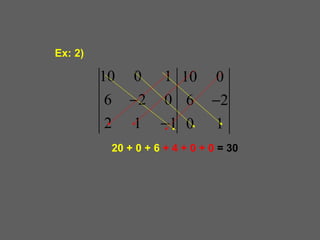Ex: 2)

         10 0 1 10 0
          6 −2 0 6 −2
          2 1 −1 0 1
          20 + 0 + 6 + 4 + 0 + 0 = 30
 