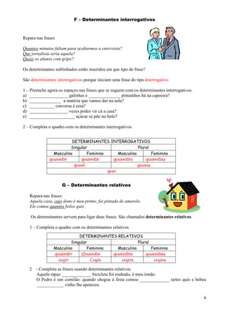 F – Determinantes interrogativos

Repara nas frases
Quantos minutos faltam para acabarmos a entrevista?
Que jornalista seria aquela?
Quais os alunos com gripe?
Os determinantes sublinhados estão inseridos em que tipo de frase?
São determinantes interrogativos porque iniciam uma frase do tipo interrogativo
1 – Preenche agora os espaços nas frases que se seguem com os determinantes interrogativos.
a) _________________ galinhas e ______________ pintainhos há na capoeira?
b) ______________ a matéria que vamos dar na aula?
c) ___________ conversa é essa?
d) _________________ vezes podes vir cá a casa?
e) ____________________ açúcar se põe no bolo?
2 – Completa o quadro com os determinantes interrogativos.
DETERMINANTES INTERROGATIVOS
Singular
Plural
Masculino
Feminino
Masculino
Feminino
quanto
quanta
quantos
quantas
qual
quais
que

G – Determinantes relativos
Repara nas frases:
Aquela casa, cujo dono é meu primo, foi pintada de amarelo.
Ele comeu quantos bolos quis.
Os determinantes servem para ligar duas frases. São chamados determinantes relativos.
1 – Completa o quadro com os determinantes relativos
DETERMINANTES RELATIVOS
Singular
Plural
Masculino
Feminino
Masculino
Feminino
quanto
Quanta
quantos
quantas
cujo
Cuja
cujos
cujas

2

- Completa as frases usando determinantes relativos.
Aquele rapaz _____________ bicicleta foi roubado, é meu irmão.
O Pedro é um comilão: quando chegou à festa comeu _____________ tartes quis e bebeu
____________ vinho lhe apeteceu.
6

 