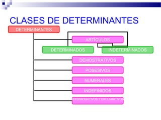 CLASES DE DETERMINANTES
DETERMINANTES
ARTÍCULOS
DEMOSTRATIVOS
POSESIVOS
NUMERALES
INDEFINIDOS
INTERROGATIVOS Y EXCLAMATIVOS
DETERMINADOS INDETERMINADOS
 