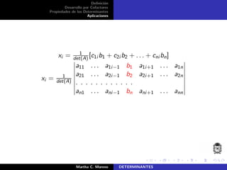 Deﬁnici´on
Desarrollo por Cofactores
Propiedades de los Determinantes
Aplicaciones
xi = 1
det(A) [c1i b1 + c2i b2 + . . . + cni bn]
xi = 1
det(A)
a11 . . . a1i−1 b1 a1i+1 . . . a1n
a21 . . . a2i−1 b2 a2i+1 . . . a2n
. . . . . . . . . . . .
an1 . . . ani−1 bn ani+1 . . . ann
Martha C. Moreno DETERMINANTES
 