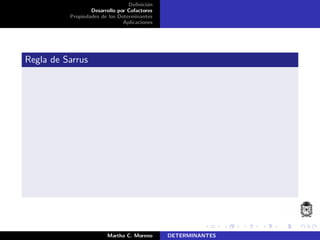Deﬁnici´on
Desarrollo por Cofactores
Propiedades de los Determinantes
Aplicaciones
Regla de Sarrus
Martha C. Moreno DETERMINANTES
 