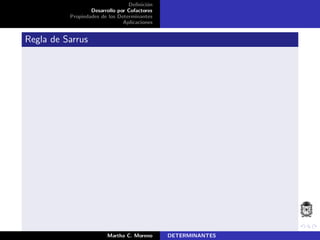 Deﬁnici´on
Desarrollo por Cofactores
Propiedades de los Determinantes
Aplicaciones
Regla de Sarrus
Martha C. Moreno DETERMINANTES
 