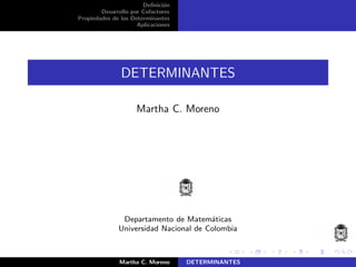 Deﬁnici´on
Desarrollo por Cofactores
Propiedades de los Determinantes
Aplicaciones
DETERMINANTES
Martha C. Moreno
Departamento de Matem´aticas
Universidad Nacional de Colombia
Martha C. Moreno DETERMINANTES
 