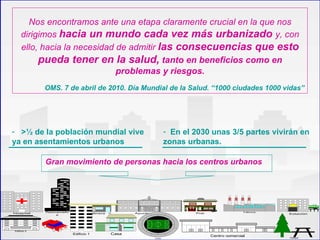 Nos encontramos ante una etapa claramente crucial en la que nos
     dirigimos hacia un mundo cada vez más urbanizado y, con
     ello, hacia la necesidad de admitir las consecuencias que esto
          pueda tener en la salud, tanto en beneficios como en
                              problemas y riesgos.
             OMS. 7 de abril de 2010. Día Mundial de la Salud. “1000 ciudades 1000 vidas”




- >½ de la población mundial vive                                    - En el 2030 unas 3/5 partes vivirán en
ya en asentamientos urbanos                                          zonas urbanas.

             Gran movimiento de personas hacia los centros urbanos




             Rascacielo                                                                           Fábrica
Hospital                       Gasolinera          Ayuntamiento              Pub                            Estación
                 s




Edificio 2
                          Edificio 1        Casa
                                                                                   Centro comercial         Parque
                                                           Estadio
 