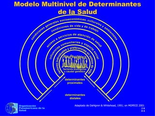 Modelo Multinivel de Determinantes
           de la Salud




 Organización         Adaptado de Dahlgren & Whitehead, 1991; en MOPECE 2001
 Panamericana de la                                                      20
 Salud                                                                   04
 