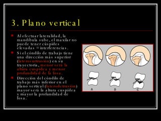 3. Plano vertical Al efectuar lateralidad, la mandíbula sube, el maxilar no puede tener cúspides elevadas = interferencias. Si el cóndilo de trabajo tiene una dirección más superior ( laterosurtrusión ) en su trayectoria,  menor será la altura cuspídea y menor profundidad de la fosa. Dirección del cóndilo de trabajo más inferior en el plano vertical ( laterodetrusión ) mayor será la altura cuspídea y mayor la profundidad de fosa. 