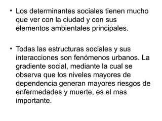 • Los determinantes sociales tienen mucho
que ver con la ciudad y con sus
elementos ambientales principales.
• Todas las estructuras sociales y sus
interacciones son fenómenos urbanos. La
gradiente social, mediante la cual se
observa que los niveles mayores de
dependencia generan mayores riesgos de
enfermedades y muerte, es el mas
importante.
 