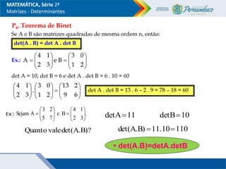 P4. Teorema de Binet
Se A e B são matrizes quadradas de mesma ordem n, então:
det(A . B) = det A . det B
Ex.: 

















2
1
0
3
B
e
3
2
1
4
A
det A = 10, det B = 6 e det A . det B = 6 . 10 = 60

























6
9
2
13
2
1
0
3
.
3
2
1
4
det A . det B = 13 . 6 – 2 . 9 = 78 – 18 = 60
MATEMÁTICA, Série 2ª
Matrizes - Determinantes
• det(A.B)=detA.detB
Ex: .
3
2
1
4
B
e
7
5
2
3
A
Sejam 

















det(A.B)?
vale
Quanto 110
11.10
det(A.B) 

11
detA 10
detB
 