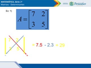 Ex: 1)







5
3
2
7
A
+
-
7 2
3 5
= 7.5 - 2.3 = 29
MATEMÁTICA, Série 2ª
Matrizes - Determinantes
 