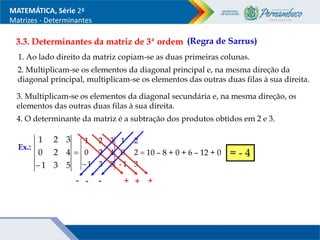 MATEMÁTICA, Série 2ª
Matrizes - Determinantes
3.3. Determinantes da matriz de 3ª ordem (Regra de Sarrus)
1. Ao lado direito da matriz copiam-se as duas primeiras colunas.
2. Multiplicam-se os elementos da diagonal principal e, na mesma direção da
diagonal principal, multiplicam-se os elementos das outras duas filas à sua direita.
3. Multiplicam-se os elementos da diagonal secundária e, na mesma direção, os
elementos das outras duas filas à sua direita.
4. O determinante da matriz é a subtração dos produtos obtidos em 2 e 3.
Ex.:

 5
3
1
4
2
0
3
2
1

 3
1
-
2
0
2
1
5
3
1
4
2
0
3
2
1
- -
- + +
+
10 – 8 + 0 + 6 – 12 + 0 = - 4
 