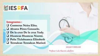 SALUD FAMILIAR
Profesor: Lolo Alarcón caballero
 Contreras Neira Elita.
 Alvares Pérez Consuelo.
 De la cruz De la cruz Yudy.
 Huancas Huancas Noemi.
 Peña Ticlahuanca Elizabeth
 Tentalean Tentalean Marisol.
 