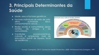 3. Principais Determinantes da
Saúde
 Idade, sexo e factores genéticos
 Factores individuais de estilo de vida:
dieta, actividade física,
comportamento sexual,…
 Redes sociais e comunitárias: apoio
familiar, de amigos e da
comunidade.
 Condições socioeconómicas,
culturais e ambientais: nível de
educação, quintil de riqueza, local
de residência, …
Fontes: Carrapato, 2017; Central for Health Protection, 2009; Whitehead M.& Dahlgren, 1991
 