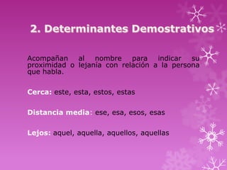 Acompañan    al   nombre    para   indicar  su
proximidad o lejanía con relación a la persona
que habla.

Cerca: este, esta, estos, estas

Distancia media: ese, esa, esos, esas

Lejos: aquel, aquella, aquellos, aquellas
 