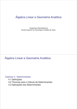 ´Algebra Linear e Geometria Anal´ıtica
Engenharia Electrot´ecnica
Escola Superior de Tecnologia e Gest˜ao de Viseu
´Algebra Linear e Geometria Anal´ıtica
Cap´ıtulo 4 - Determinantes
4.1 Deﬁnic¸ ˜oes
4.2 T´ecnicas para o C´alculo de Determinantes
4.3 Aplicac¸ ˜oes dos Determinantes
 
