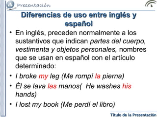 Diferencias de uso entre inglés y
español
• En inglés, preceden normalmente a los
sustantivos que indican partes del cuerpo,
vestimenta y objetos personales, nombres
que se usan en español con el artículo
determinado:
• I broke my leg (Me rompí la pierna)
• Él se lava las manos( He washes his
hands)
• I lost my book (Me perdí el libro)
Título de la Presentación

 