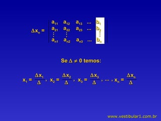 Se       0 temos: a 11  a 12   a 13   ...  b 1 a 21  a 22   a 23   ...  b 2 . . . . . . a n1  a n2   a n3   ...  b n  x n  =  . . .  x 1   x 1  =    x 2   x 2  =    x 3   x 3  =    x n   x n  =   , , , ... , 