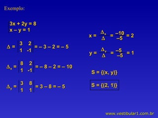 S = {(x, y)} S = {(2, 1)} Exemplo:    =  3  2 1  -1 = – 3 – 2 = – 5   x  =  8  2 1  -1 = – 8 – 2 = – 10   y  =  3  8 1  1 = 3 – 8 = – 5 3x + 2y = 8 x – y = 1 x =   x    =  – 10 – 5 = 2  y =   y    =  – 5 – 5 = 1  