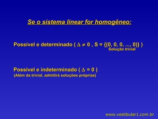 Se o sistema linear for homogêneo: Possível e determinado (       0 , S = {(0, 0, 0, ..., 0)} ) Solução trivial Possível e indeterminado (    = 0 ) (Além da trivial, admitirá soluções próprias) 