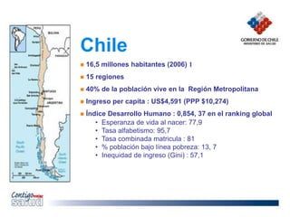 Chile
 16,5 millones habitantes (2006) 1
 15 regiones
 40% de la población vive en la Región Metropolitana
 Ingreso per capita : US$4,591 (PPP $10,274)
 Índice Desarrollo Humano : 0,854, 37 en el ranking global
• Esperanza de vida al nacer: 77,9
• Tasa alfabetismo: 95,7
• Tasa combinada matricula : 81
• % población bajo línea pobreza: 13, 7
• Inequidad de ingreso (Gini) : 57,1
 