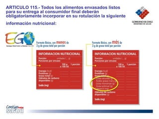 ARTICULO 115.- Todos los alimentos envasados listos
para su entrega al consumidor final deberán
obligatoriamente incorporar en su rotulación la siguiente
información nutricional:
 