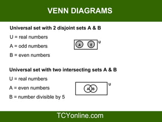 Universal set with 2 disjoint sets A & B U = real numbers  A = odd numbers B = even numbers  Universal set with two intersecting sets A & B U = real numbers A = even numbers B = number divisible by 5 VENN DIAGRAMS A U B A U B 