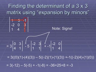 Finding the determinant of a 3 x 3 matrix using “expansion by minors” = 3((0)(1)-(4)(3)) – 5((-2)(1)-(1)(3)) +-1((-2)(4)-(1)(0)) = 3(-12) – 5(-5) + -1(-8) = -36+25+8 = -3 5  -1 -2  0  3 1  4  1 = 3 0  3 4  1 - 5 -2  3 1  1 + -1 -2  0 1  4 Note: Signs! 