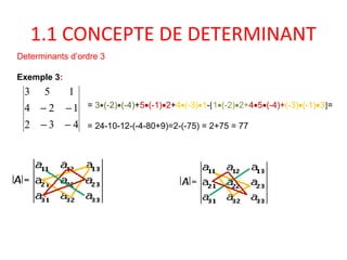 1.1 CONCEPTE DE DETERMINANT
Determinants d’ordre 3
Exemple 3:
432
124
153
−−
−− = 3•(-2)•(-4)+5•(-1)•2+4•(-3)•1-[1•(-2)•2+4•5•(-4)+(-3)•(-1)•3]=
= 24-10-12-(-4-80+9)=2-(-75) = 2+75 = 77
 
