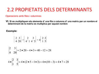 2.2 PROPIETATS DELS DETERMINANTS
Operacions amb files i columnes
VI. Si es multipliquen els elements d’ una fila o columna d’ una matriu per un nombre el
determinant de la matriu es multiplica per aquest nombre
Exemple:
2 3
4 20 =
2 3
4
.
1 4
.
5
= 4
2 3
1 5
28124034202
204
32
=−=•−•=
2874)310(4)3152(4
51
32
4 =•=−•=•−••=•
 